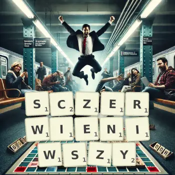 Kreatywna ilustracja do gry w Scrabble ze słowem SCZERWIENIWSZY ułożonym z płytek na planszy.