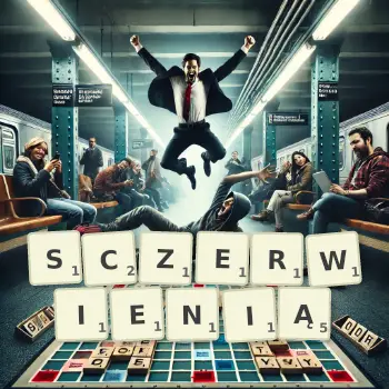 Kreatywna ilustracja do gry w Scrabble ze słowem SCZERWIENIĄ ułożonym z płytek na planszy.