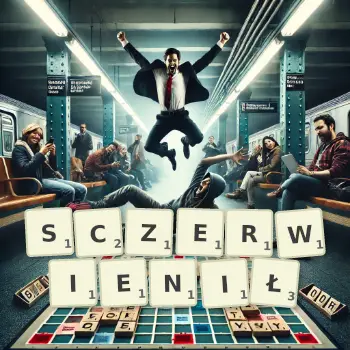 Kreatywna ilustracja do gry w Scrabble ze słowem SCZERWIENIŁ ułożonym z płytek na planszy.