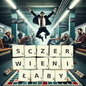 Kreatywna ilustracja do gry w Scrabble ze słowem SCZERWIENIŁABY ułożonym z płytek na planszy.