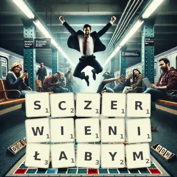 Kreatywna ilustracja do gry w Scrabble ze słowem SCZERWIENIŁABYM ułożonym z płytek na planszy.