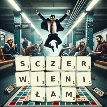 Kreatywna ilustracja do gry w Scrabble ze słowem SCZERWIENIŁAM ułożonym z płytek na planszy.