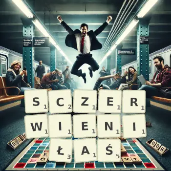 Kreatywna ilustracja do gry w Scrabble ze słowem SCZERWIENIŁAŚ ułożonym z płytek na planszy.