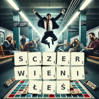 Kreatywna ilustracja do gry w Scrabble ze słowem SCZERWIENIŁEŚ ułożonym z płytek na planszy.