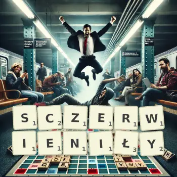 Kreatywna ilustracja do gry w Scrabble ze słowem SCZERWIENIŁY ułożonym z płytek na planszy.