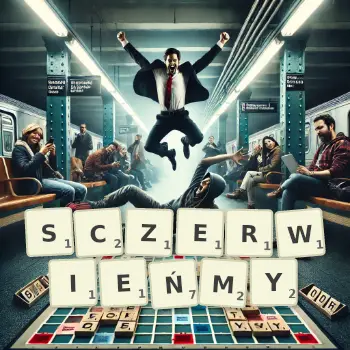 Kreatywna ilustracja do gry w Scrabble ze słowem SCZERWIEŃMY ułożonym z płytek na planszy.