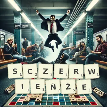 Kreatywna ilustracja do gry w Scrabble ze słowem SCZERWIEŃŻE ułożonym z płytek na planszy.