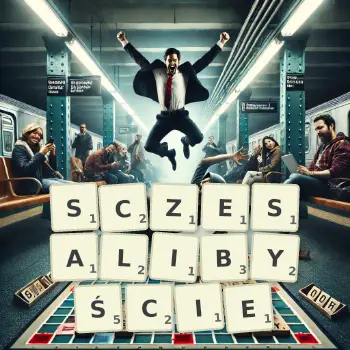 Kreatywna ilustracja do gry w Scrabble ze słowem SCZESALIBYŚCIE ułożonym z płytek na planszy.