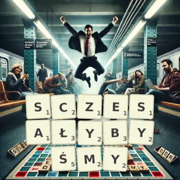 Kreatywna ilustracja do gry w Scrabble ze słowem SCZESAŁYBYŚMY ułożonym z płytek na planszy.