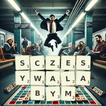 Kreatywna ilustracja do gry w Scrabble ze słowem SCZESYWALABYM ułożonym z płytek na planszy.