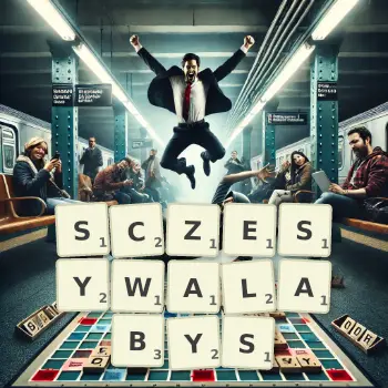 Kreatywna ilustracja do gry w Scrabble ze słowem SCZESYWALABYS ułożonym z płytek na planszy.
