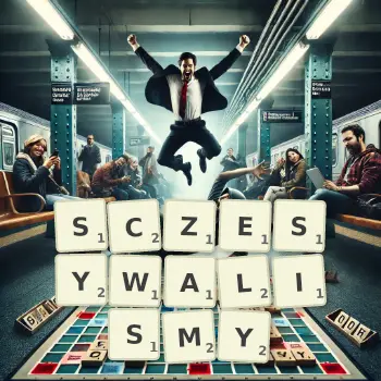 Kreatywna ilustracja do gry w Scrabble ze słowem SCZESYWALISMY ułożonym z płytek na planszy.