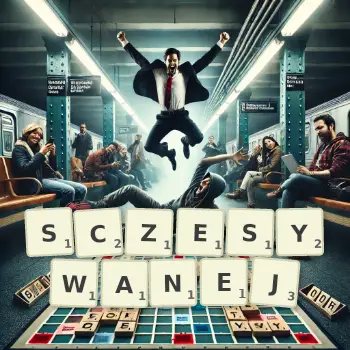Kreatywna ilustracja do gry w Scrabble ze słowem SCZESYWANEJ ułożonym z płytek na planszy.