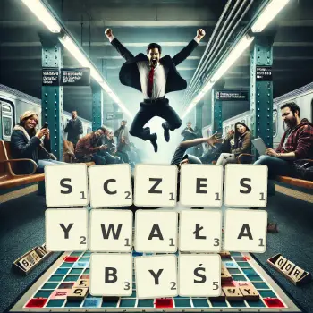 Kreatywna ilustracja do gry w Scrabble ze słowem SCZESYWAŁABYŚ ułożonym z płytek na planszy.