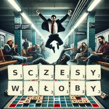 Kreatywna ilustracja do gry w Scrabble ze słowem SCZESYWAŁOBY ułożonym z płytek na planszy.