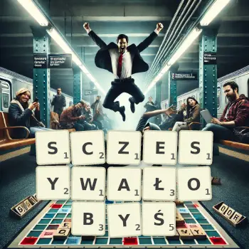 Kreatywna ilustracja do gry w Scrabble ze słowem SCZESYWAŁOBYŚ ułożonym z płytek na planszy.