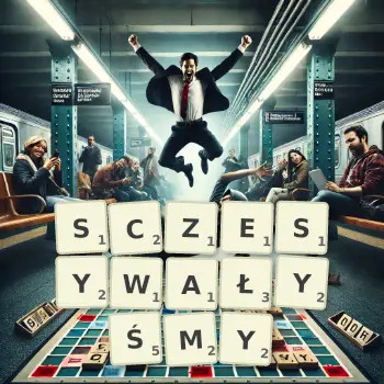 Kreatywna ilustracja do gry w Scrabble ze słowem SCZESYWAŁYŚMY ułożonym z płytek na planszy.