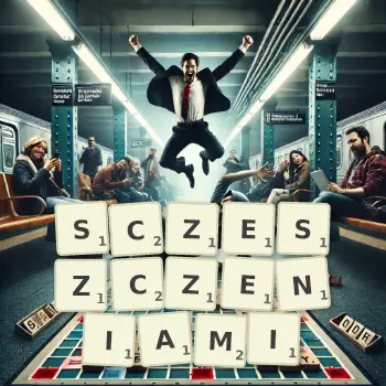 Kreatywna ilustracja do gry w Scrabble ze słowem SCZESZCZENIAMI ułożonym z płytek na planszy.