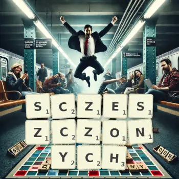 Kreatywna ilustracja do gry w Scrabble ze słowem SCZESZCZONYCH ułożonym z płytek na planszy.