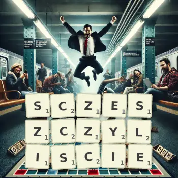 Kreatywna ilustracja do gry w Scrabble ze słowem SCZESZCZYLISCIE ułożonym z płytek na planszy.