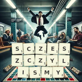 Kreatywna ilustracja do gry w Scrabble ze słowem SCZESZCZYLISMY ułożonym z płytek na planszy.