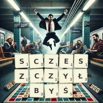 Kreatywna ilustracja do gry w Scrabble ze słowem SCZESZCZYŁBYŚ ułożonym z płytek na planszy.