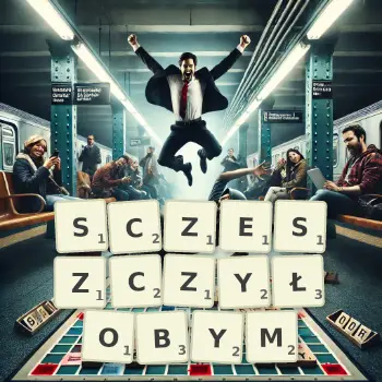 Kreatywna ilustracja do gry w Scrabble ze słowem SCZESZCZYŁOBYM ułożonym z płytek na planszy.