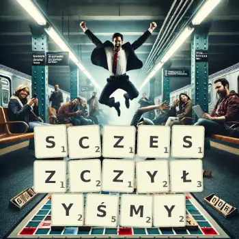 Kreatywna ilustracja do gry w Scrabble ze słowem SCZESZCZYŁYŚMY ułożonym z płytek na planszy.