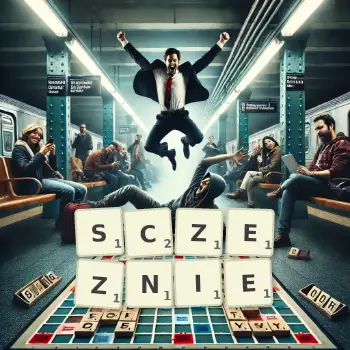 Kreatywna ilustracja do gry w Scrabble ze słowem SCZEZNIE ułożonym z płytek na planszy.