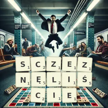 Kreatywna ilustracja do gry w Scrabble ze słowem SCZEZNĘLIŚCIE ułożonym z płytek na planszy.