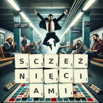 Kreatywna ilustracja do gry w Scrabble ze słowem SCZEŹNIĘCIAMI ułożonym z płytek na planszy.