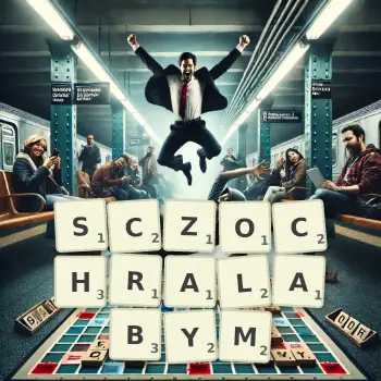 Kreatywna ilustracja do gry w Scrabble ze słowem SCZOCHRALABYM ułożonym z płytek na planszy.