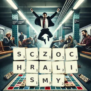 Kreatywna ilustracja do gry w Scrabble ze słowem SCZOCHRALISMY ułożonym z płytek na planszy.