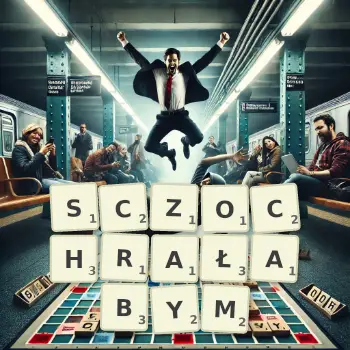 Kreatywna ilustracja do gry w Scrabble ze słowem SCZOCHRAŁABYM ułożonym z płytek na planszy.