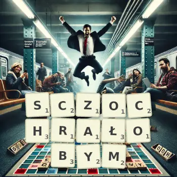 Kreatywna ilustracja do gry w Scrabble ze słowem SCZOCHRAŁOBYM ułożonym z płytek na planszy.