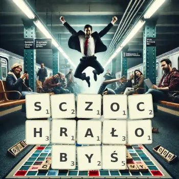 Kreatywna ilustracja do gry w Scrabble ze słowem SCZOCHRAŁOBYŚ ułożonym z płytek na planszy.