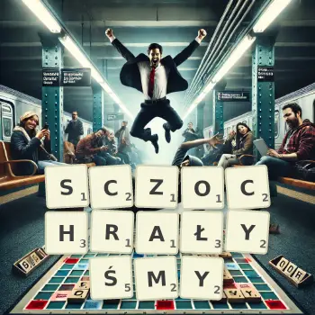 Kreatywna ilustracja do gry w Scrabble ze słowem SCZOCHRAŁYŚMY ułożonym z płytek na planszy.