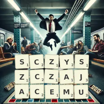 Kreatywna ilustracja do gry w Scrabble ze słowem SCZYSZCZAJACEMU ułożonym z płytek na planszy.