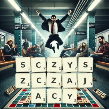 Kreatywna ilustracja do gry w Scrabble ze słowem SCZYSZCZAJACY ułożonym z płytek na planszy.