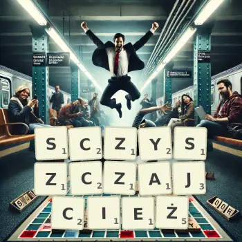 Kreatywna ilustracja do gry w Scrabble ze słowem SCZYSZCZAJCIEŻ ułożonym z płytek na planszy.