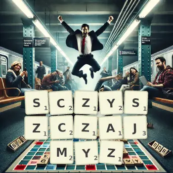 Kreatywna ilustracja do gry w Scrabble ze słowem SCZYSZCZAJMYZ ułożonym z płytek na planszy.