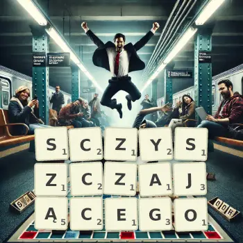 Kreatywna ilustracja do gry w Scrabble ze słowem SCZYSZCZAJĄCEGO ułożonym z płytek na planszy.