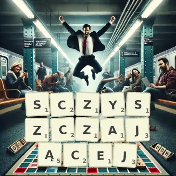 Kreatywna ilustracja do gry w Scrabble ze słowem SCZYSZCZAJĄCEJ ułożonym z płytek na planszy.