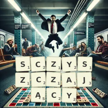Kreatywna ilustracja do gry w Scrabble ze słowem SCZYSZCZAJĄCY ułożonym z płytek na planszy.