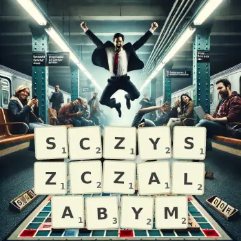 Kreatywna ilustracja do gry w Scrabble ze słowem SCZYSZCZALABYM ułożonym z płytek na planszy.