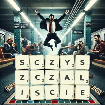 Kreatywna ilustracja do gry w Scrabble ze słowem SCZYSZCZALISCIE ułożonym z płytek na planszy.