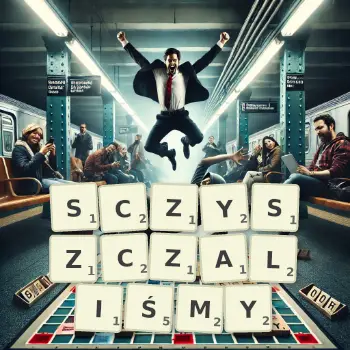 Kreatywna ilustracja do gry w Scrabble ze słowem SCZYSZCZALIŚMY ułożonym z płytek na planszy.