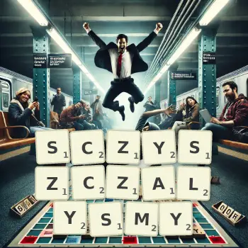 Kreatywna ilustracja do gry w Scrabble ze słowem SCZYSZCZALYSMY ułożonym z płytek na planszy.