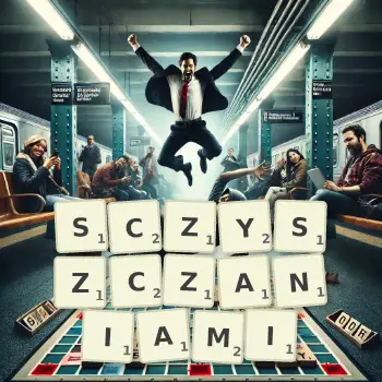 Kreatywna ilustracja do gry w Scrabble ze słowem SCZYSZCZANIAMI ułożonym z płytek na planszy.