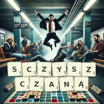 Kreatywna ilustracja do gry w Scrabble ze słowem SCZYSZCZANĄ ułożonym z płytek na planszy.